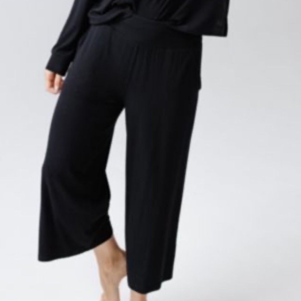 Cozy Earth Black Ribbed Bamboo Wide Leg Lounge Pants Pockets Large CEW0038